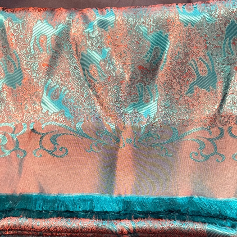 Silk-Blend Turquoise and Coral Jacquard Wrap Scarf